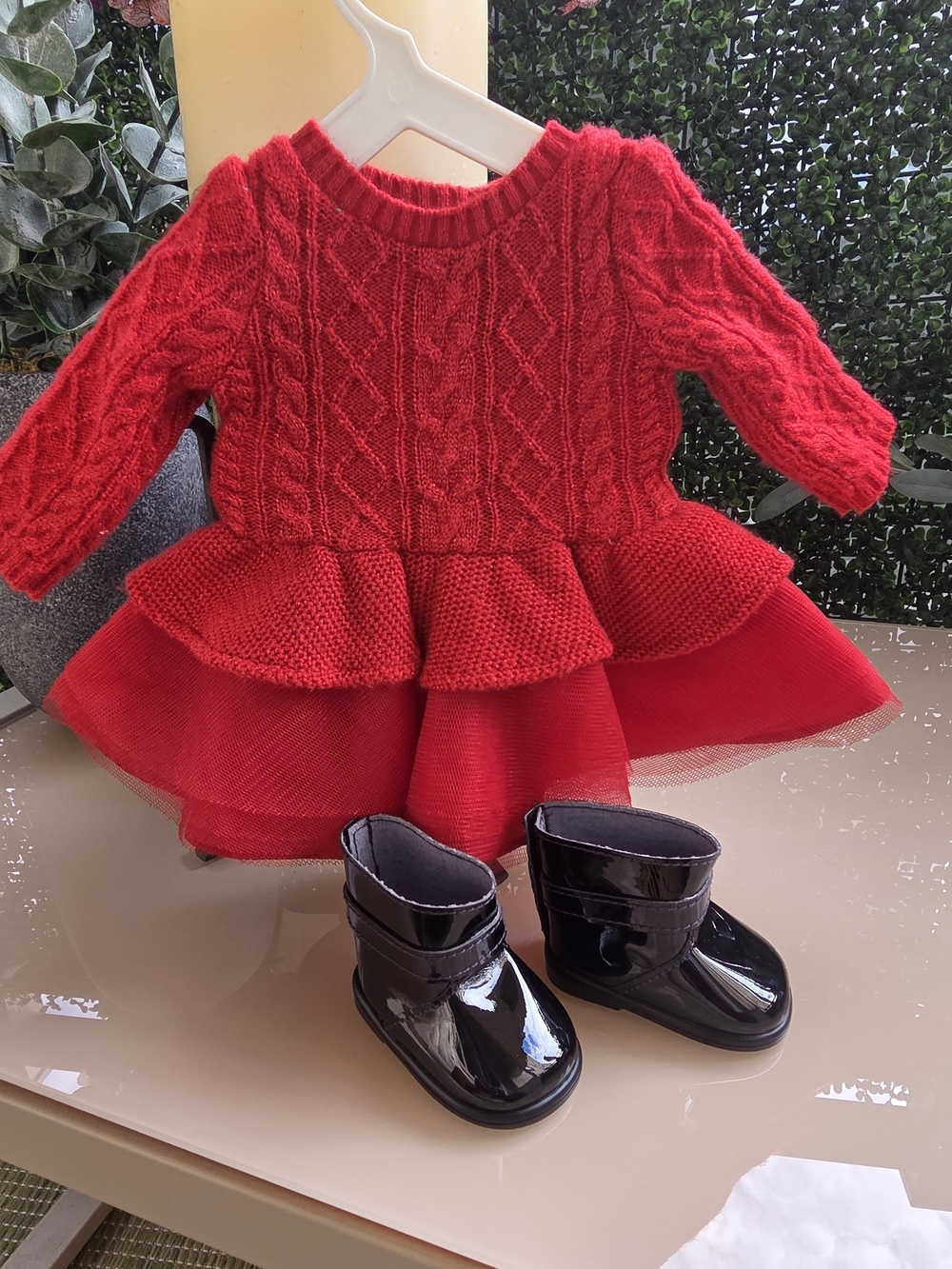 American Girl Red Cable Knit Peplum Dress with Black Patent Boots